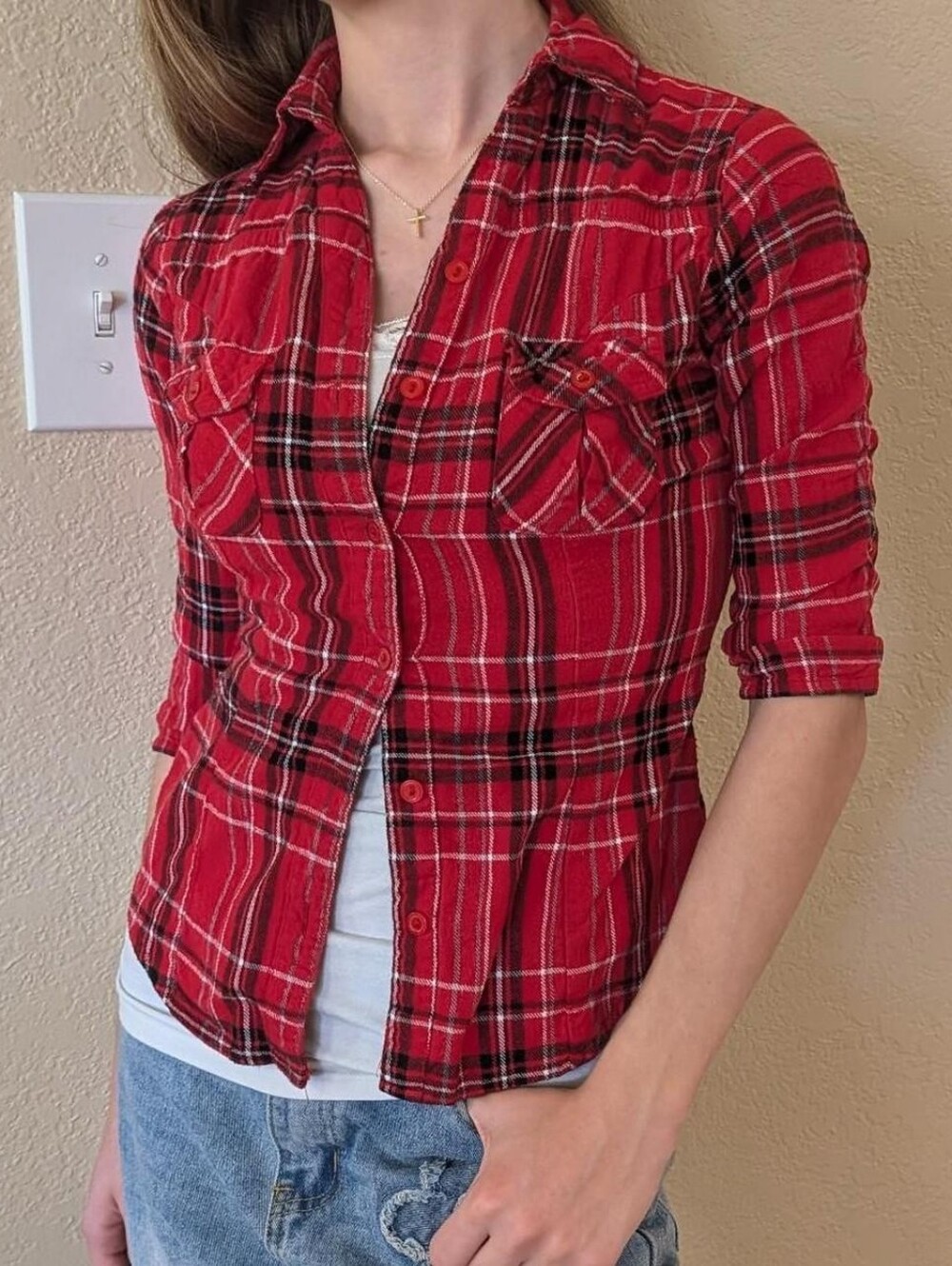 Derek Heart Red and Black Plaid Button-Down Collared Shirt With Scrunched Back